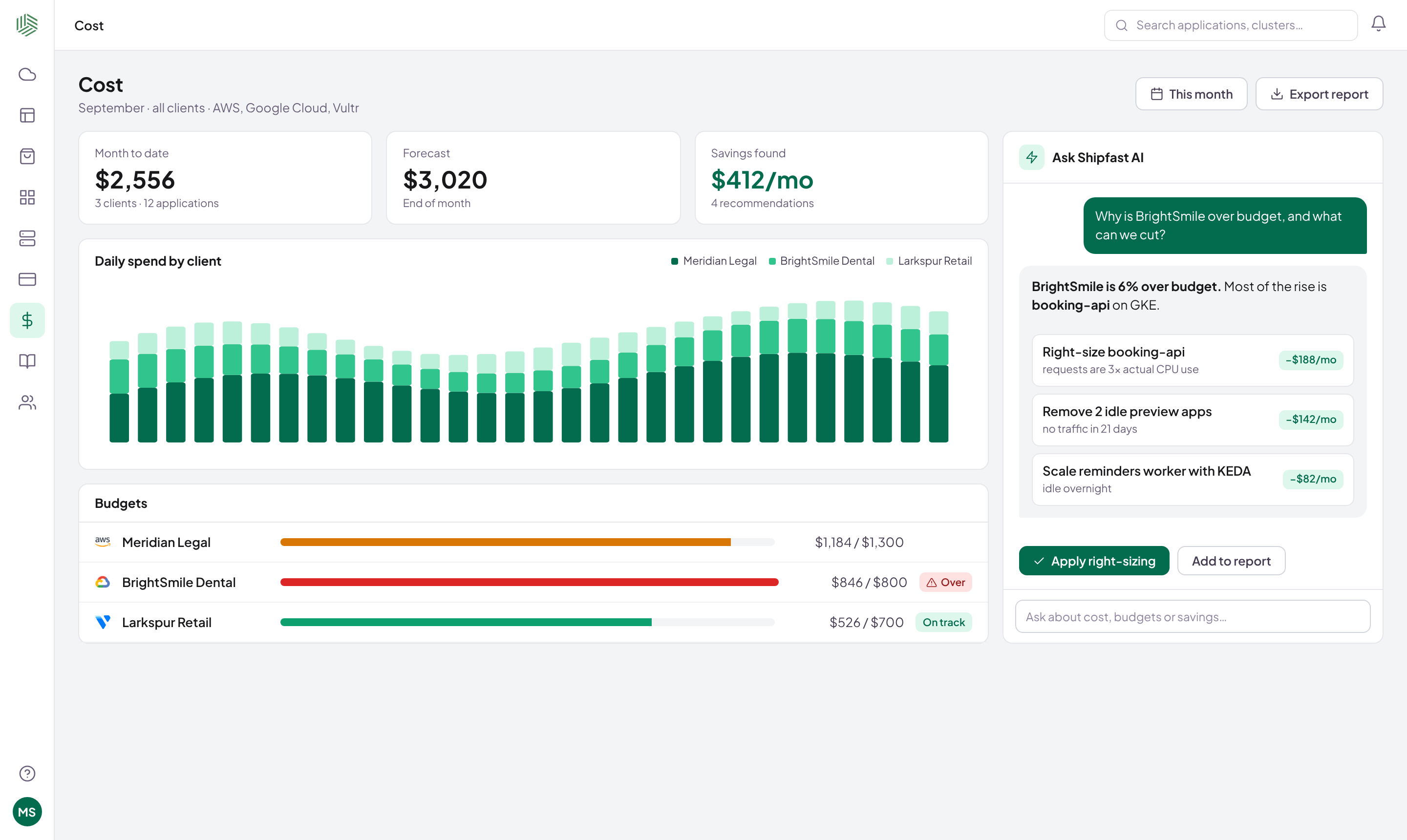 Cost screen: daily spend by client, budgets and AI savings advice